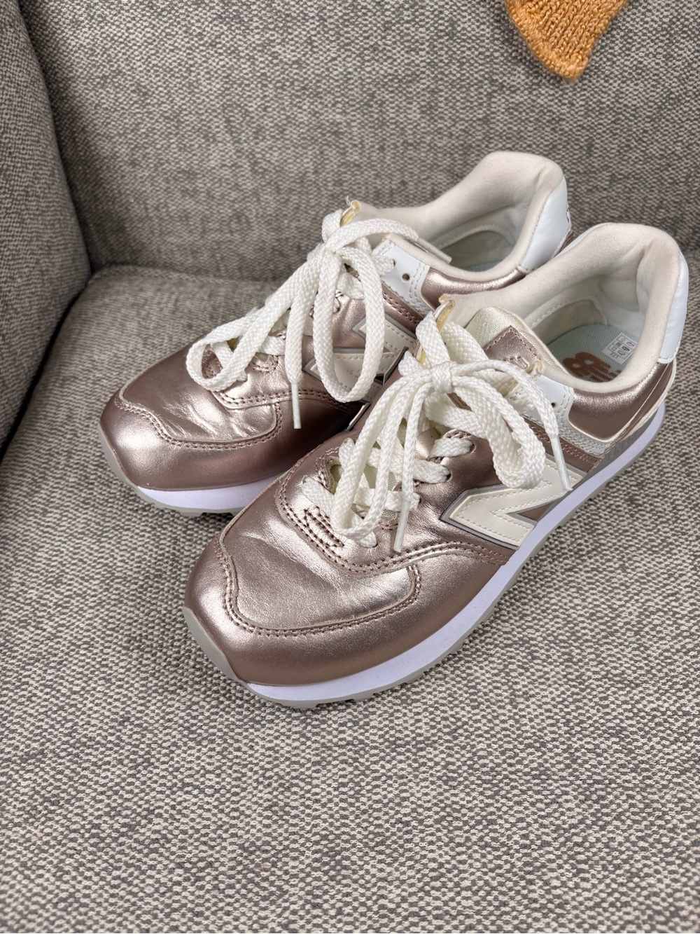 New Balance 574 Rose Gold and Cream Metallic Sneakers - Picture 3 of 10